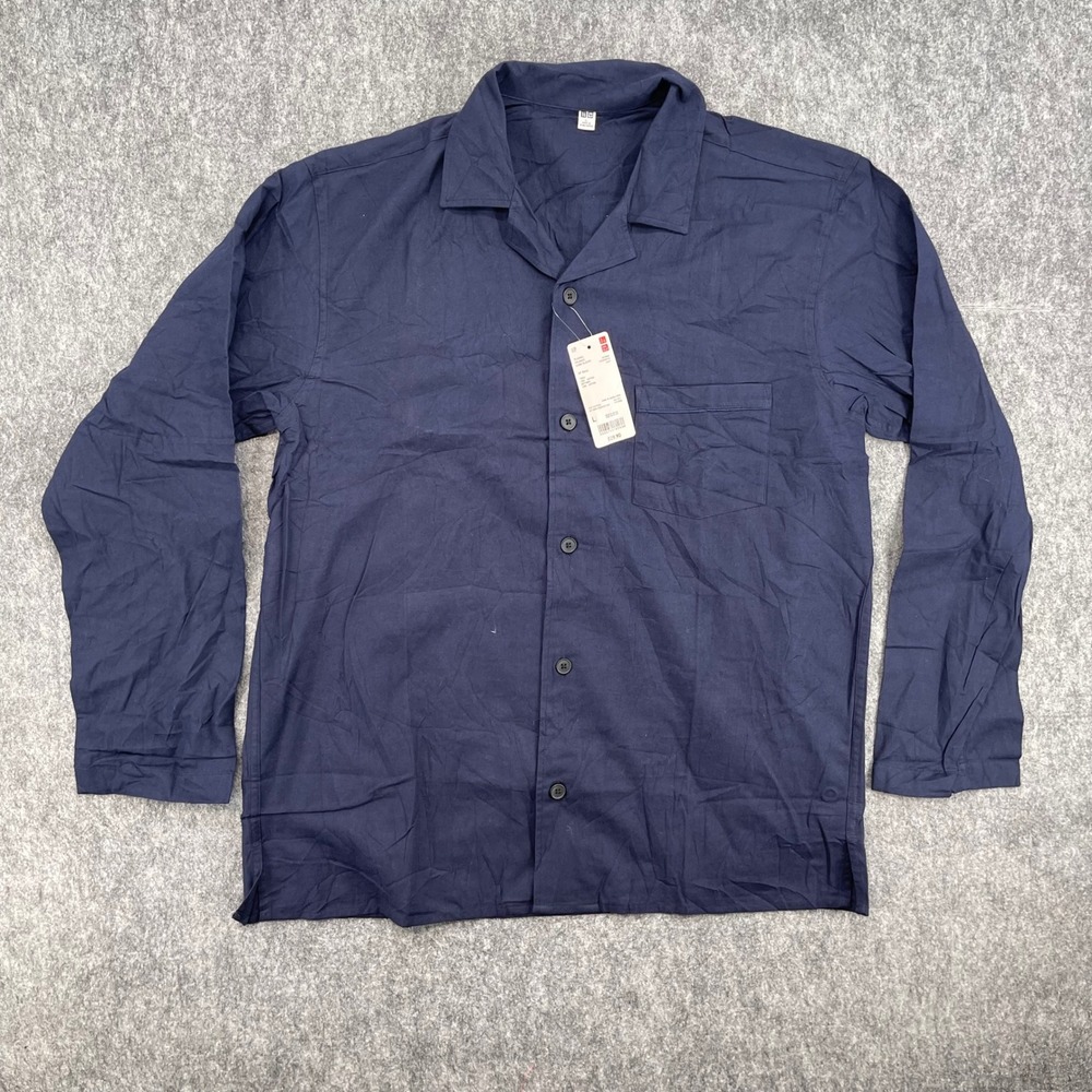 Uniqlo Flannel Pajama Top Mens Large Navy Blue Long Sleeve Cotton New